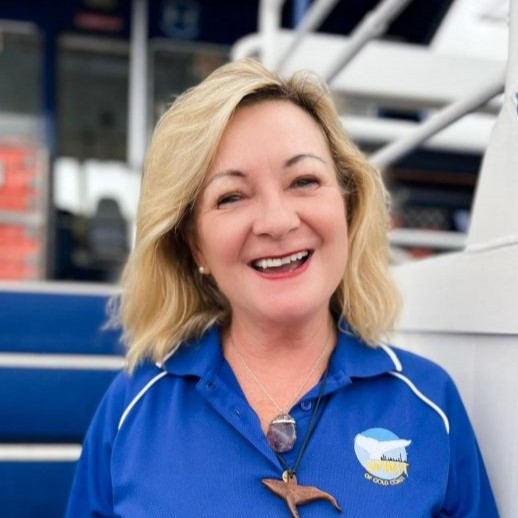 a woman in a blue shirt