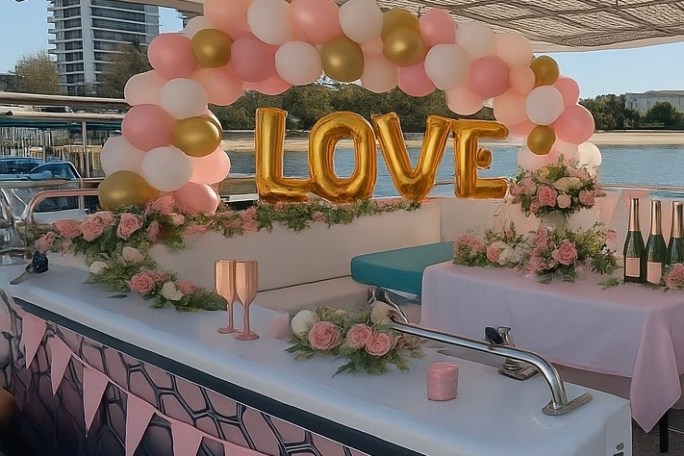 Decorated boat with pink and gold balloons spelling 'LOVE', flowers, and champagne glasses.